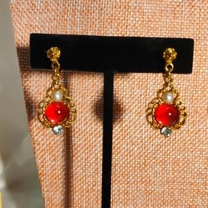 VTG 1928 Goldtone Salmon Cabochon Pearl and Rhinestone